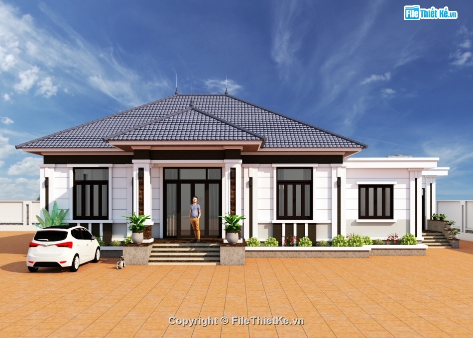 nhà vườn 1 tầng,nhà 1 tầng mái nhật,nhà vườn 1 tầng 4 phòng ngủ,file cad nhà 1 tầng,nhà 1 tầng 12x19.5m
